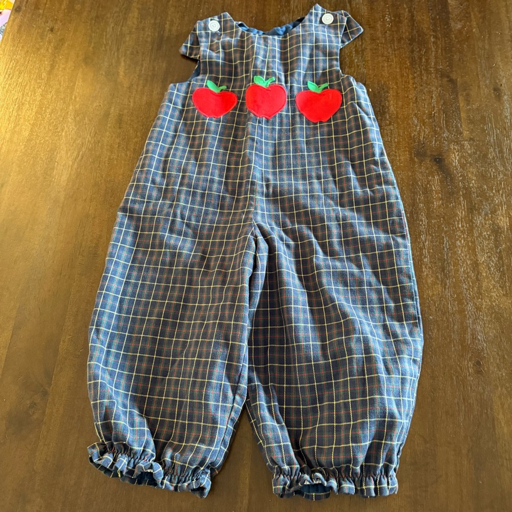 Vintage Kelly's Kids Blue Plaid Overalls with Red Apples‎